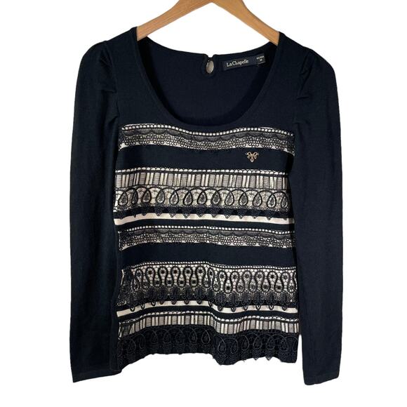 La Chapelle Women's Wool Blend Long Sleeve Lace Sweater Black Size XS - Picture 1 of 9